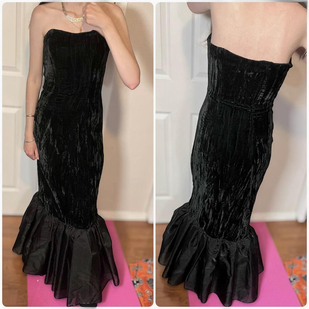 Vintage 1930s 40s Black Silk Velvet Gown Strapless Dress Art Deco Mermaid Maxi